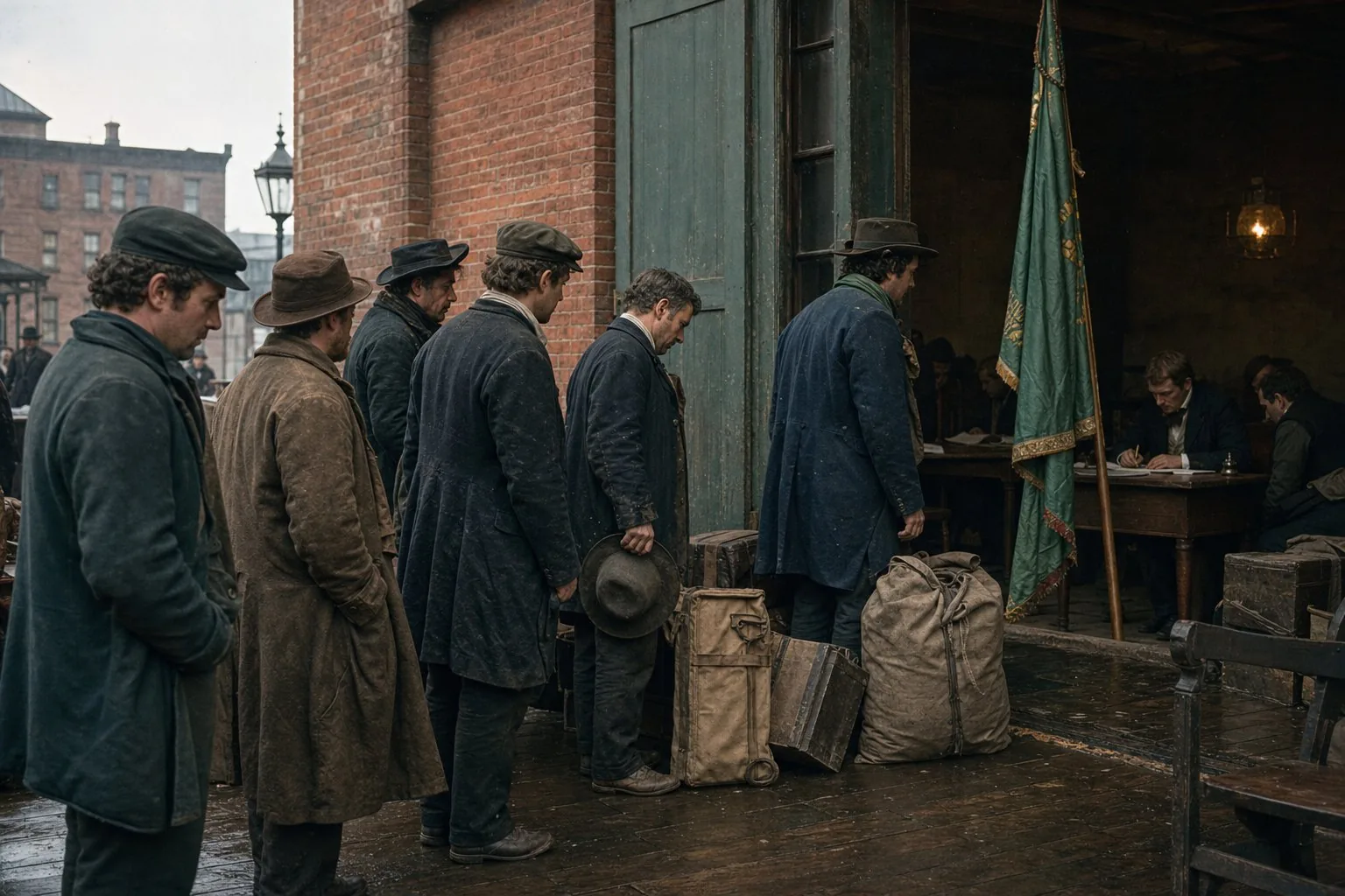 Irish immigrant volunteers waiting to enlist at a New York militia armoury in the autumn of 1861