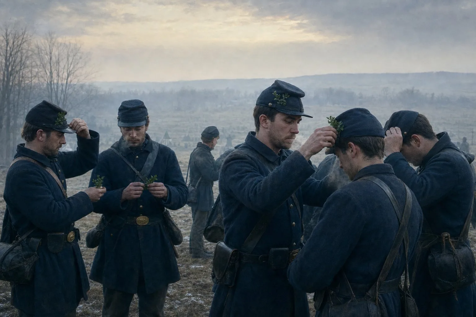 Irish Brigade soldiers fixing green boxwood sprigs into one another's caps before Fredericksburg in 1862