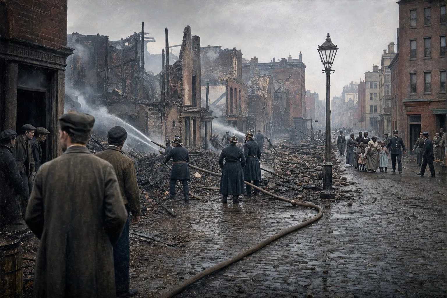 Firefighters at the smoking ruins of the Colored Orphan Asylum after the New York Draft Riots of 1863