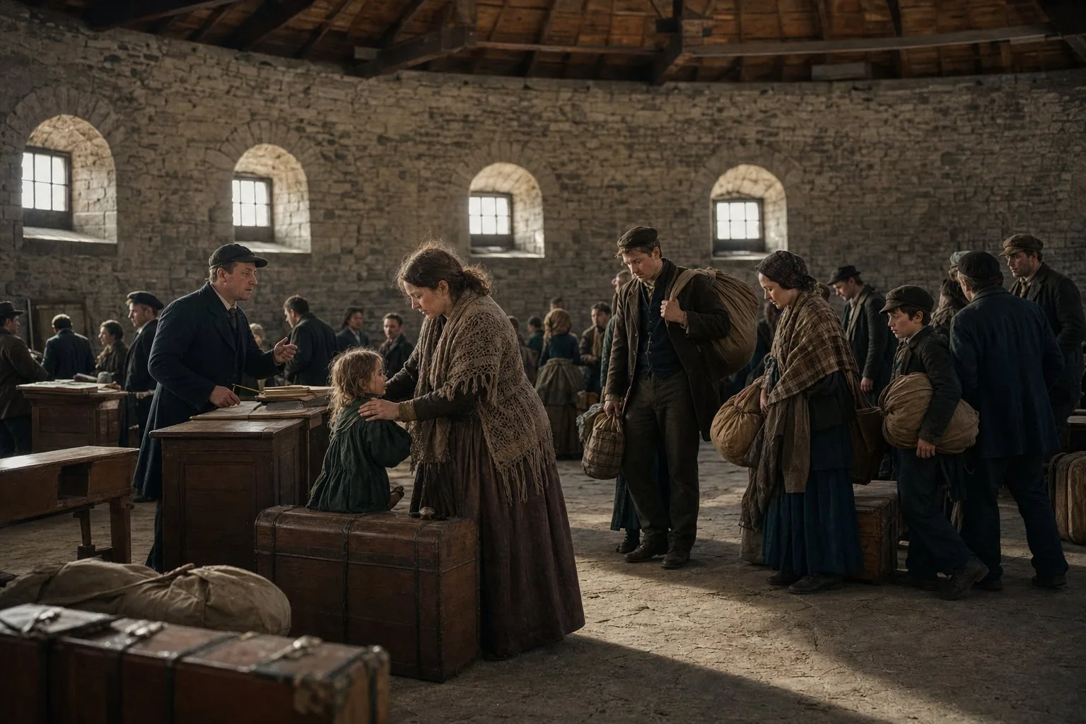 Irish families arriving beneath the circular roof of Castle Garden in New York in 1861
