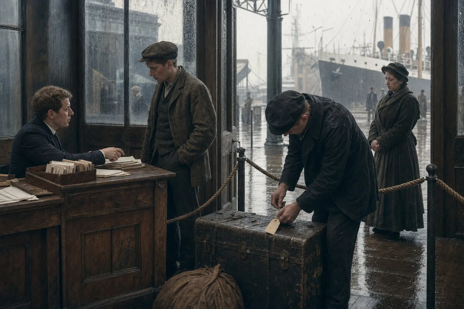 A young Irish emigrant answering a clerk at a rainy Liverpool embarkation desk in 1908