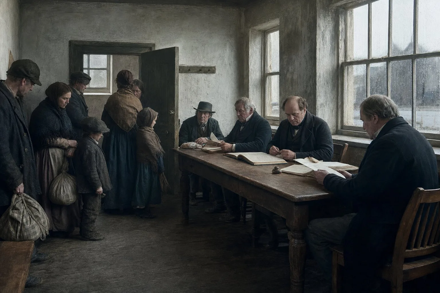 Poor Law guardians considering an assisted-emigration list in Ballina in 1852