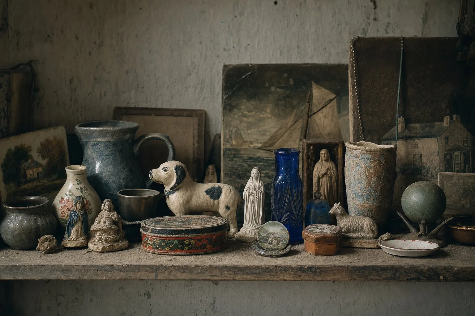 A crowded shelf of ornaments, tins and souvenirs gathering dust in grey daylight