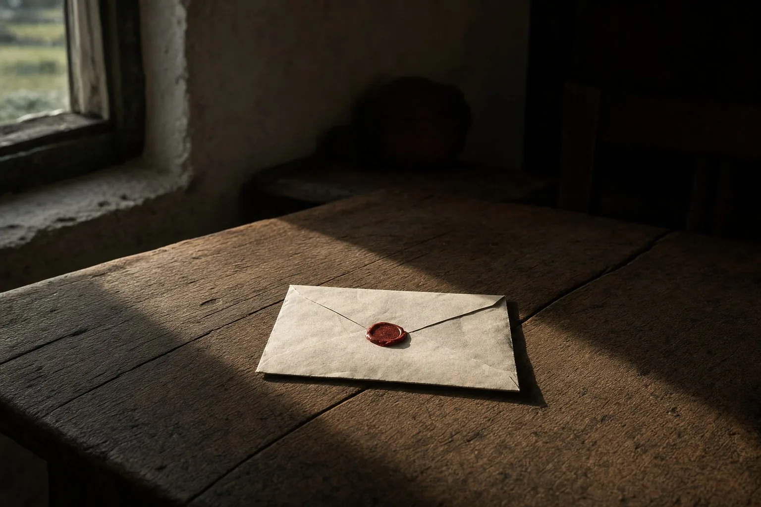 A single cream envelope sealed with red wax on a bare scrubbed table