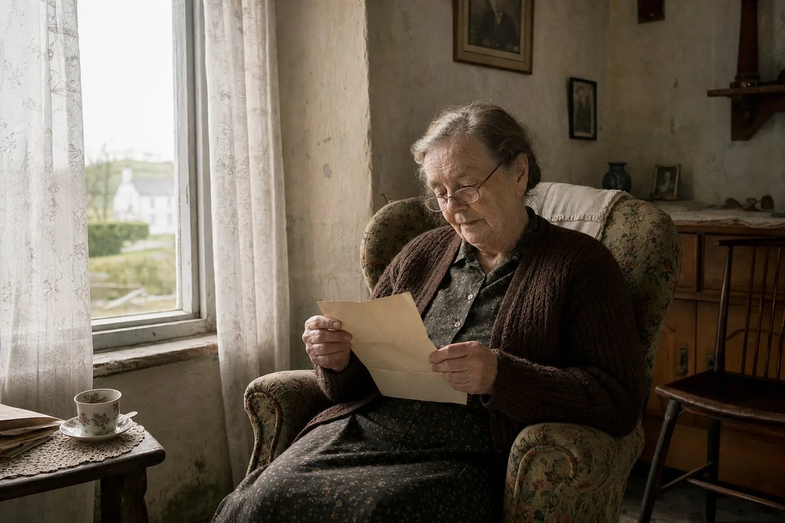 An elderly woman rereading a softened letter in an armchair beside a window