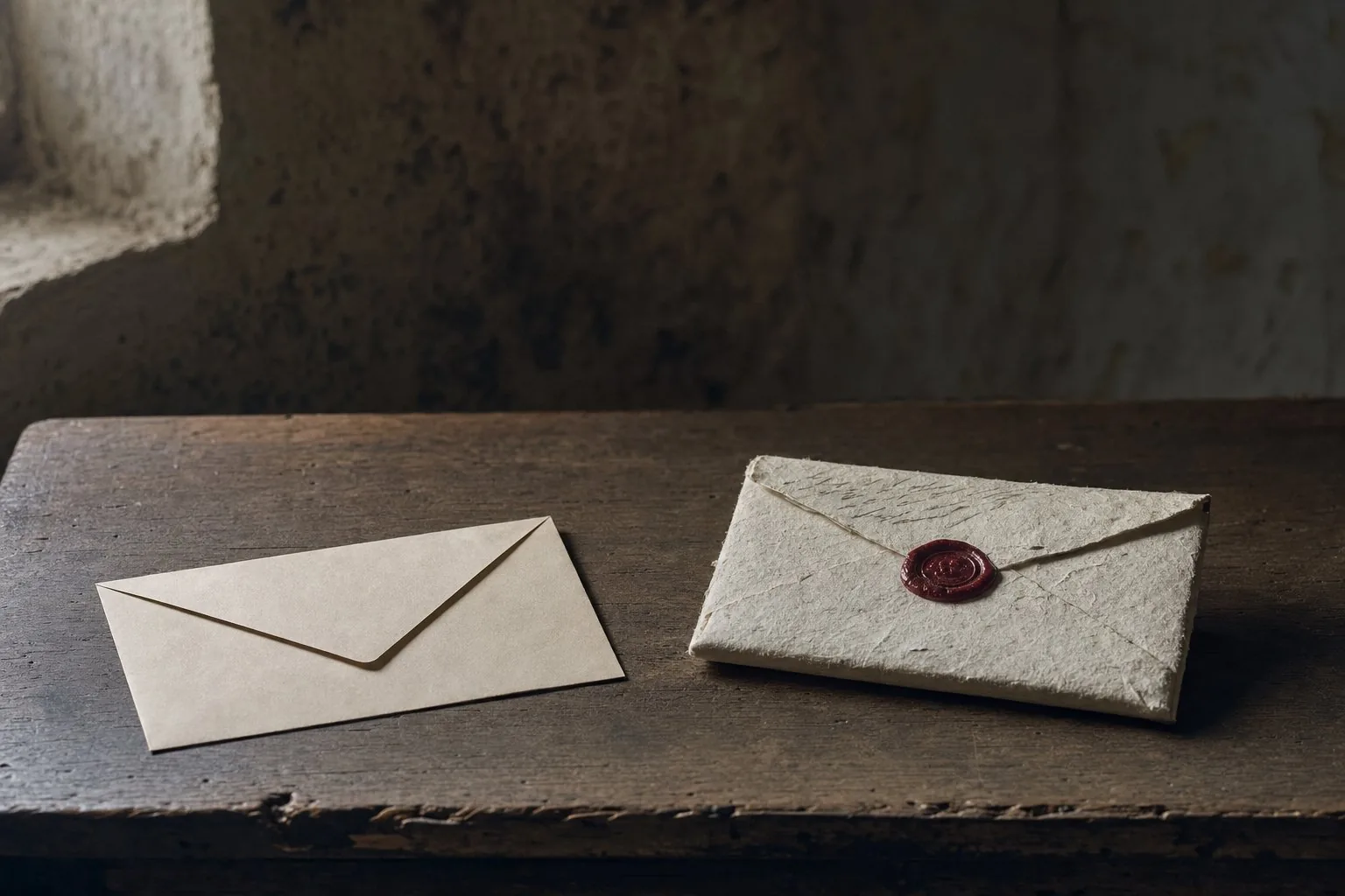 Two contrasting envelopes laid side by side on a dark table in raking light