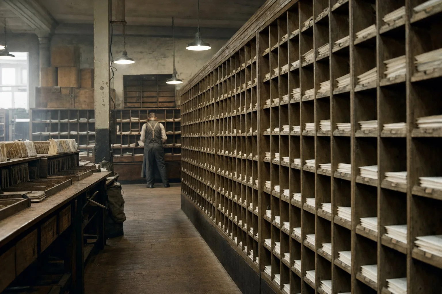 Rows of pigeonhole racks filled with identical envelopes in an early American sorting office