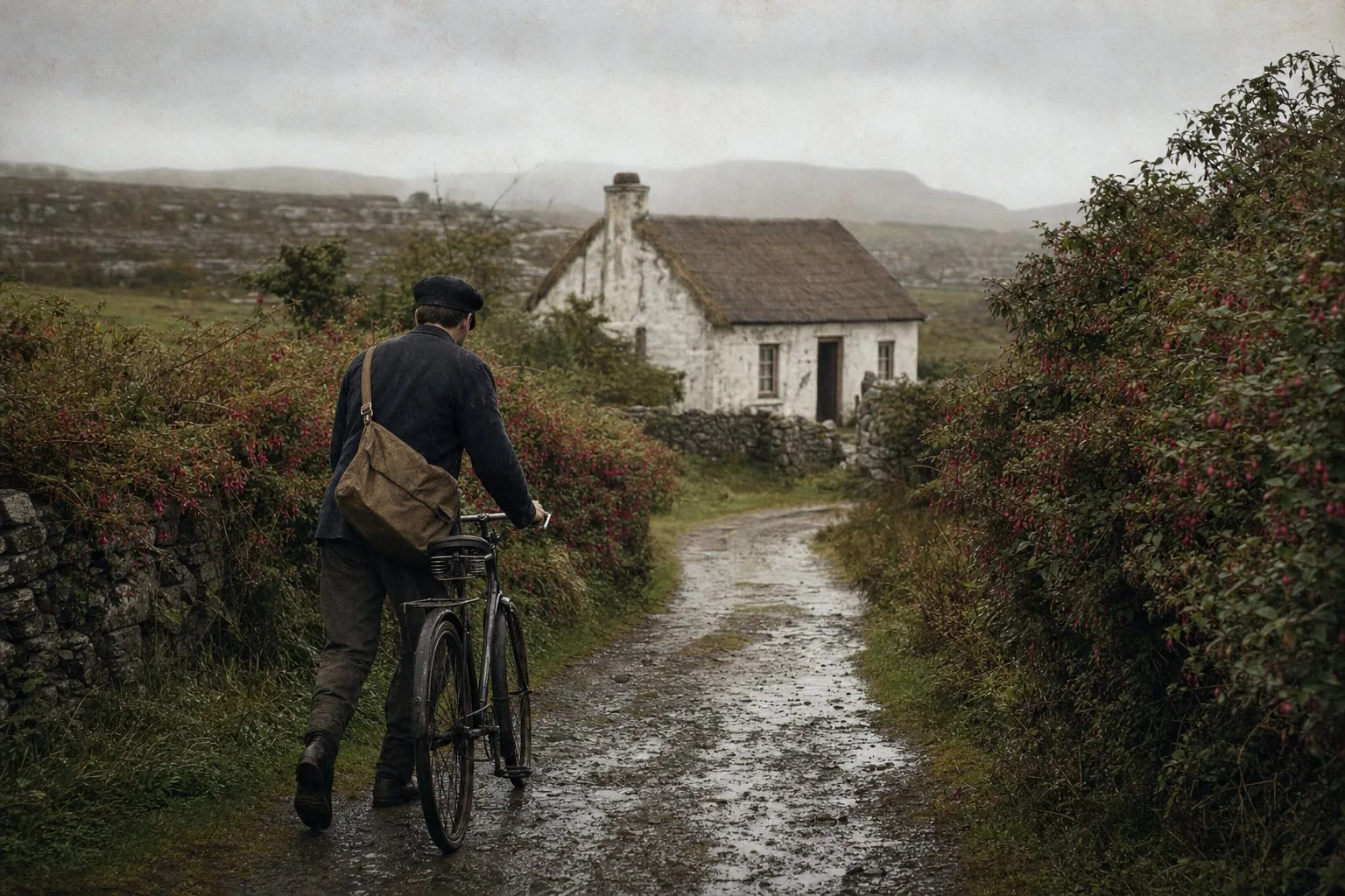 A rural postman wheeling a bicycle along a wet County Mayo boreen towards a cottage