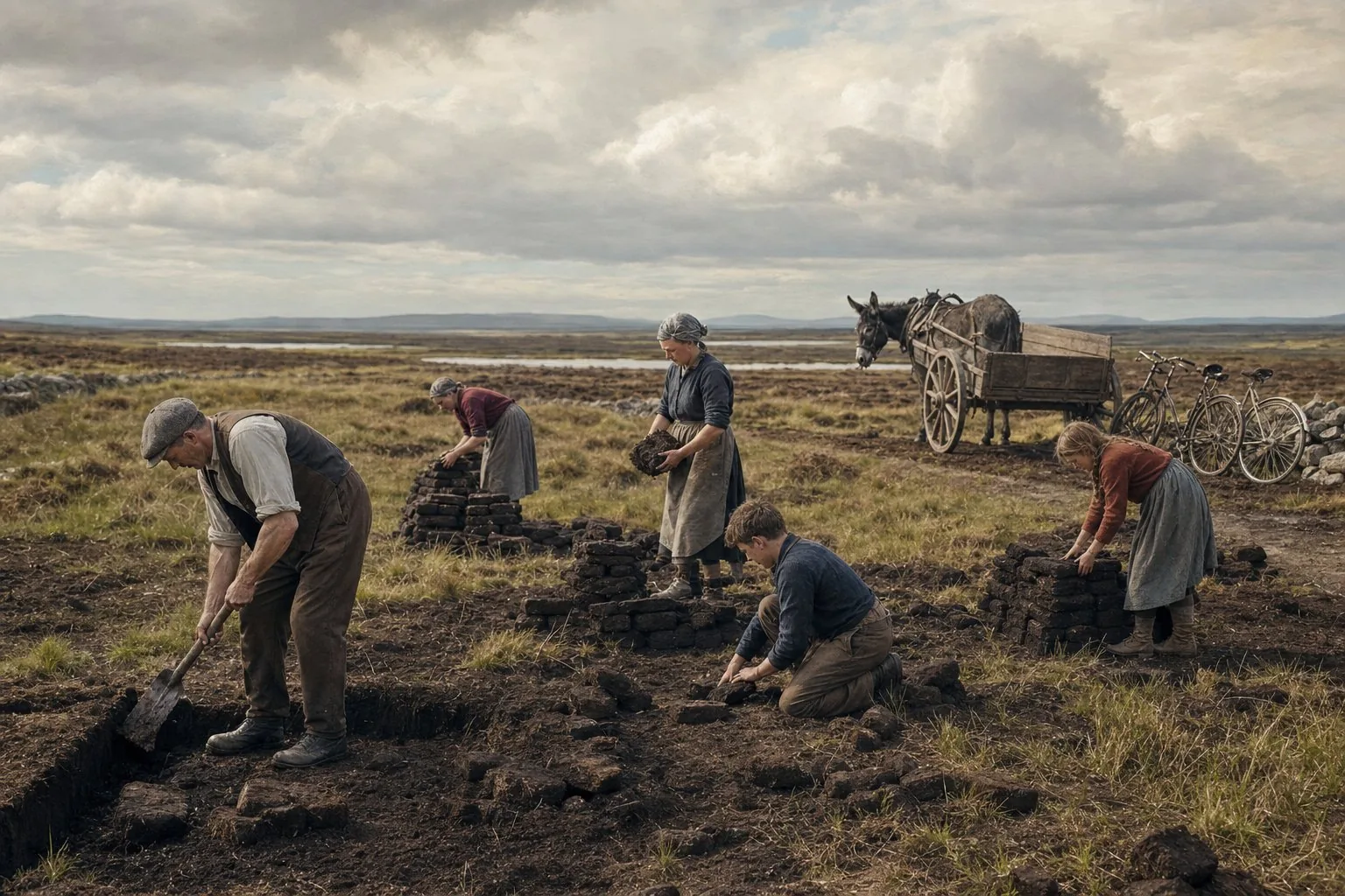 A Mayo family cutting and stacking turf for winter fuel on a bog in the summer of 1942