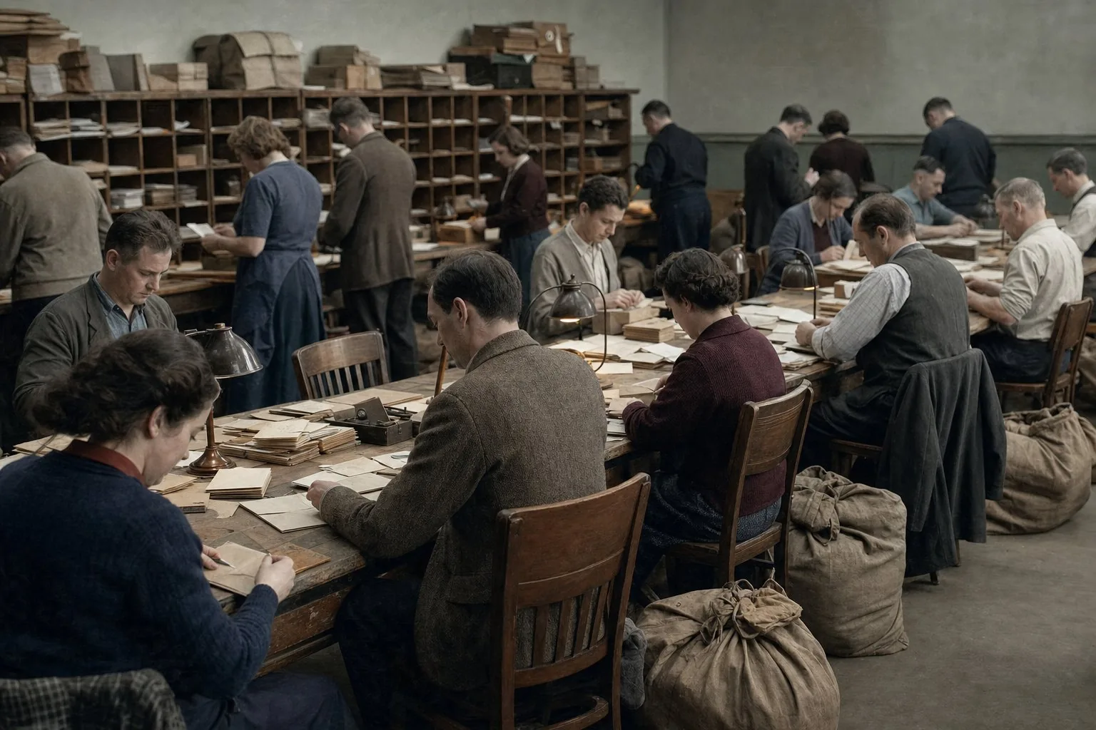 Civilian clerks opening and inspecting letters at long tables in a Dublin postal censorship office in 1941