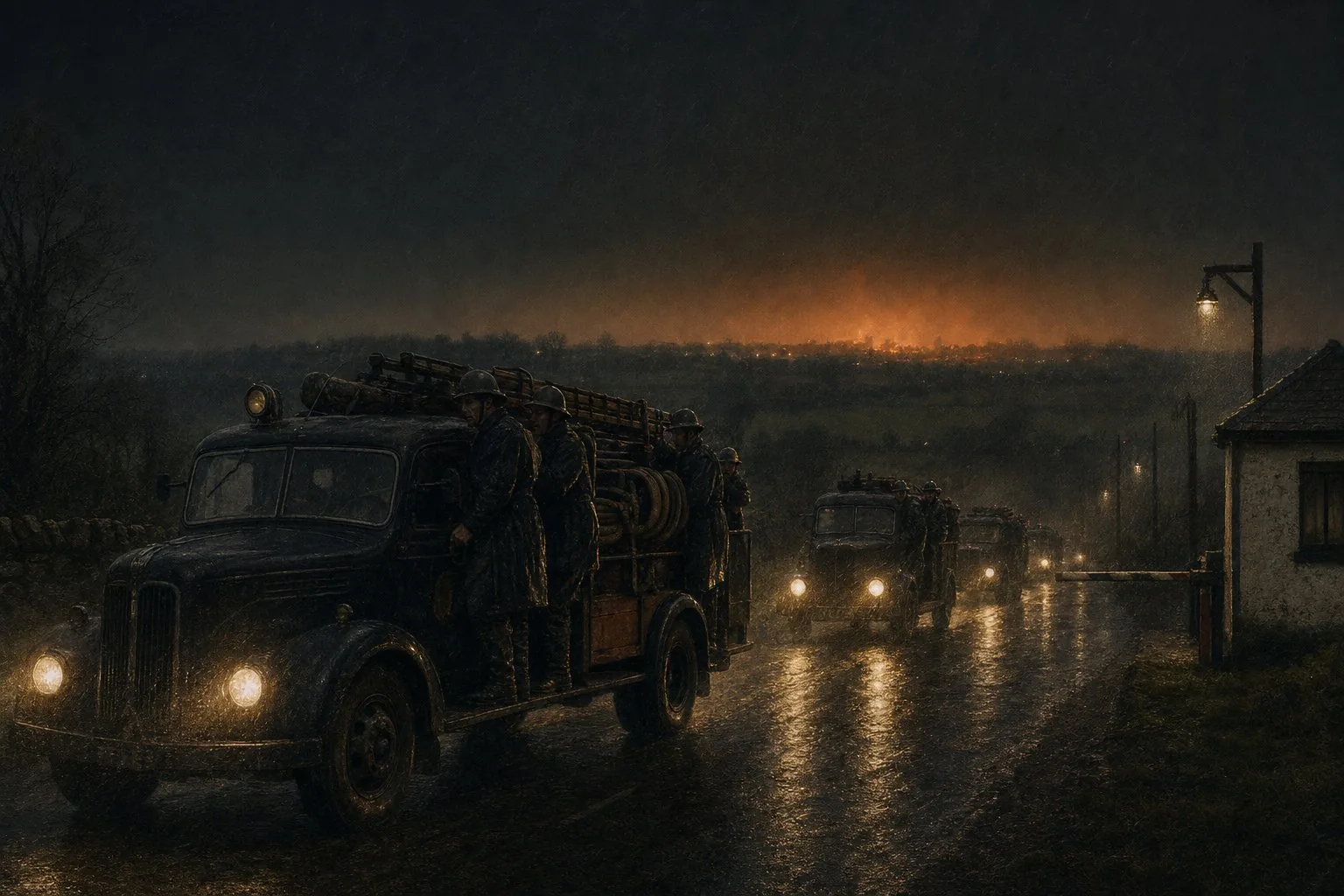 A convoy of Dublin fire engines crossing north through rain toward the burning glow above Belfast in April 1941