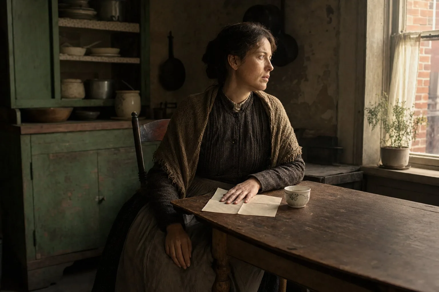 A woman in a Boston kitchen pausing over an open letter in late afternoon light