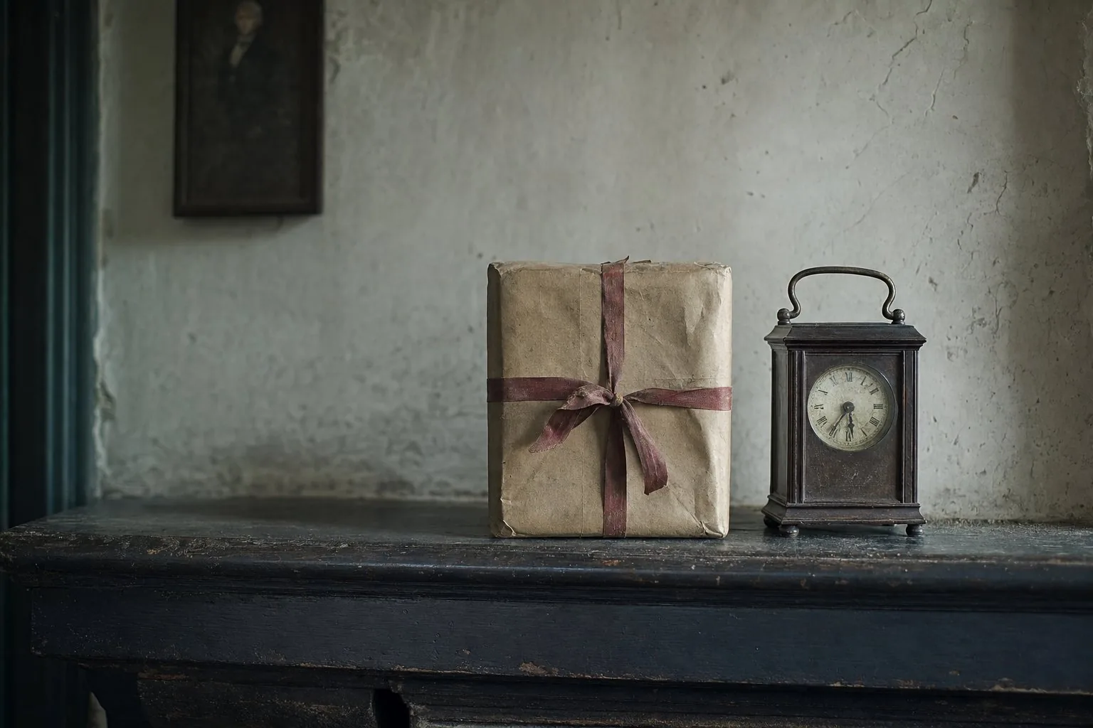 An unopened ribboned parcel gathering dust on a parlour mantelpiece