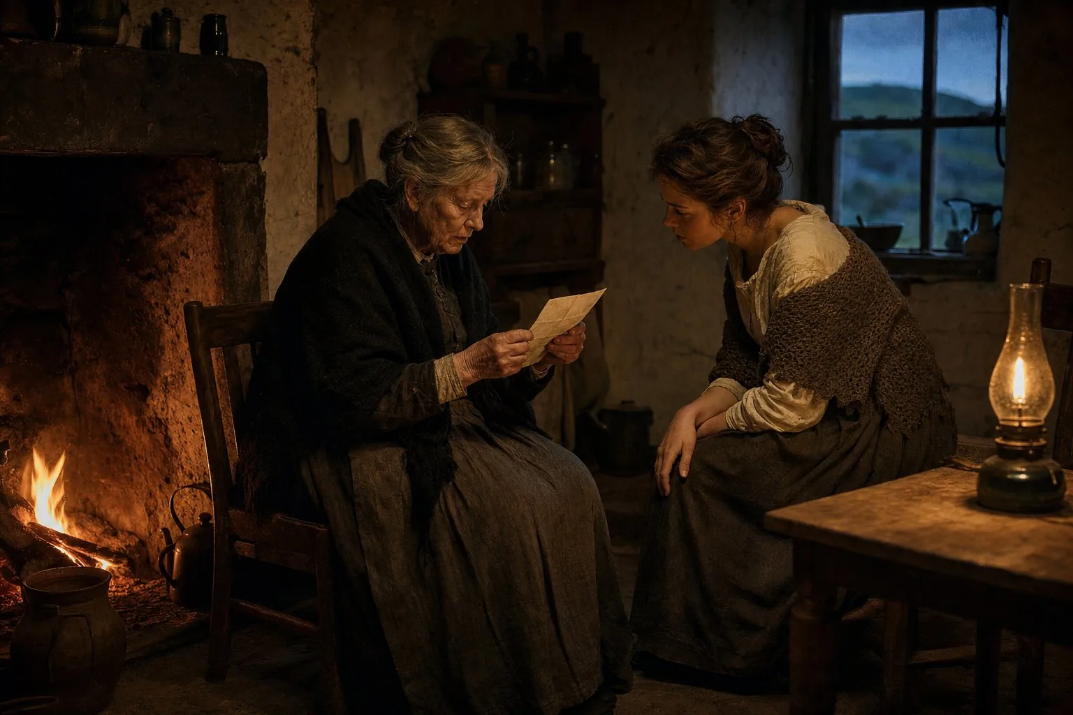 An elderly woman reading a letter aloud to a younger woman beside a glowing turf fire