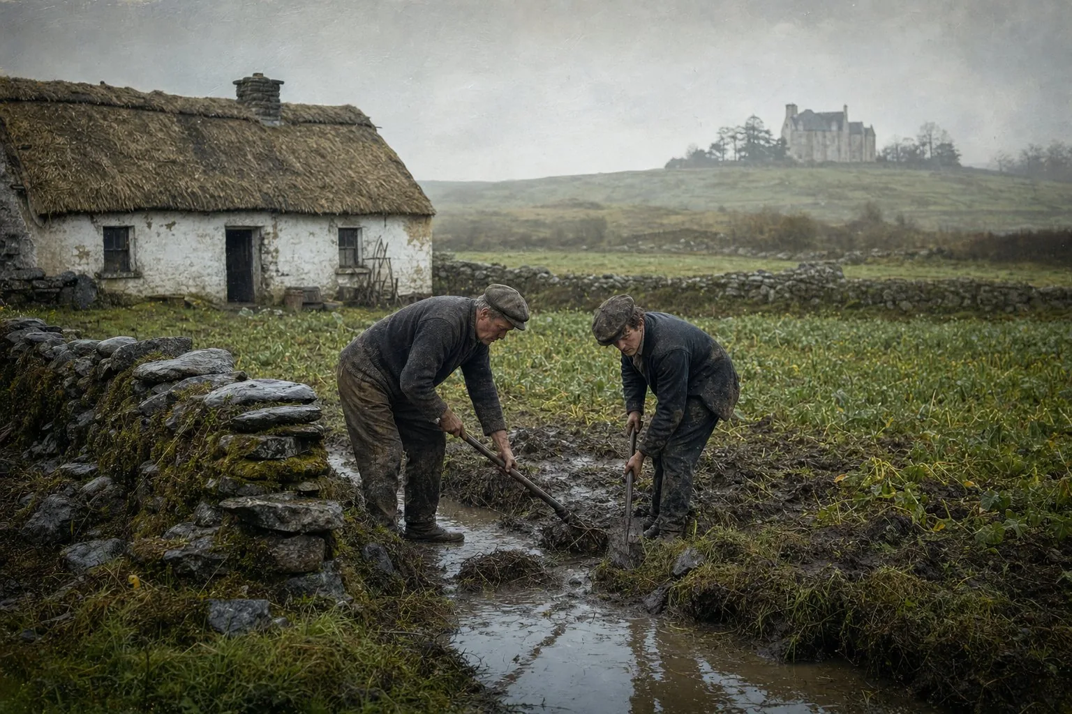 A Mayo tenant farmer and his son draining a flooded field beside a weak potato crop in 1878