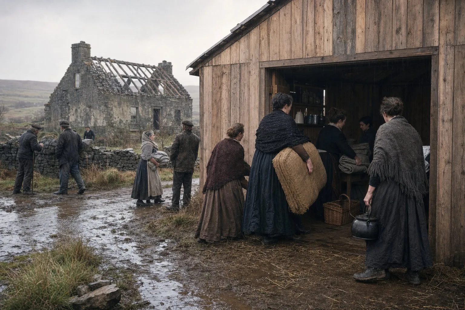 Women and neighbours furnishing a Land League hut for an evicted Mayo family in the winter of 1881