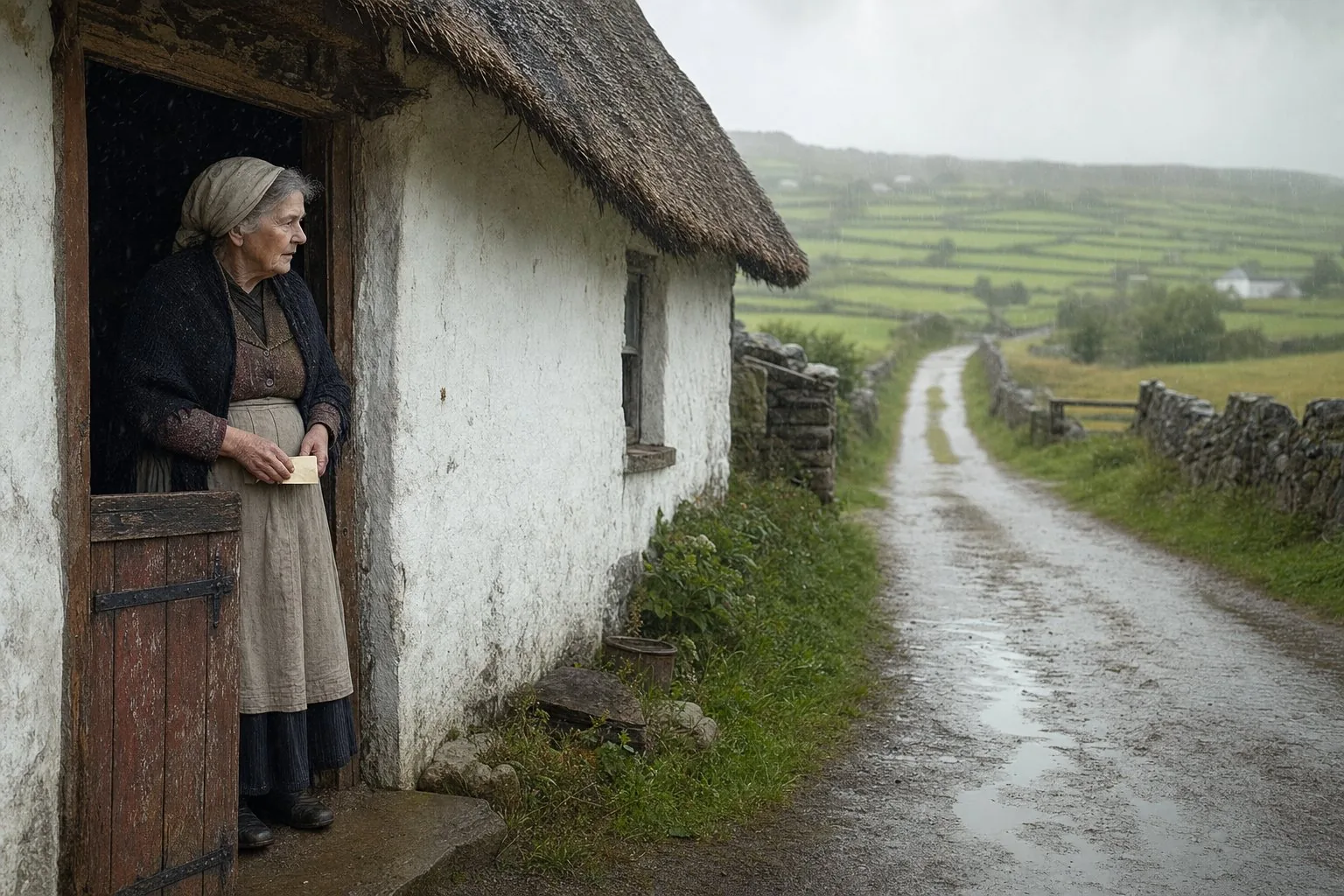 An elderly woman at a County Mayo cottage half-door holding an unopened envelope