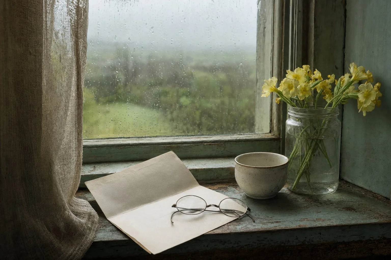 Folded spectacles resting on an open letter beside tea and primroses on a windowsill
