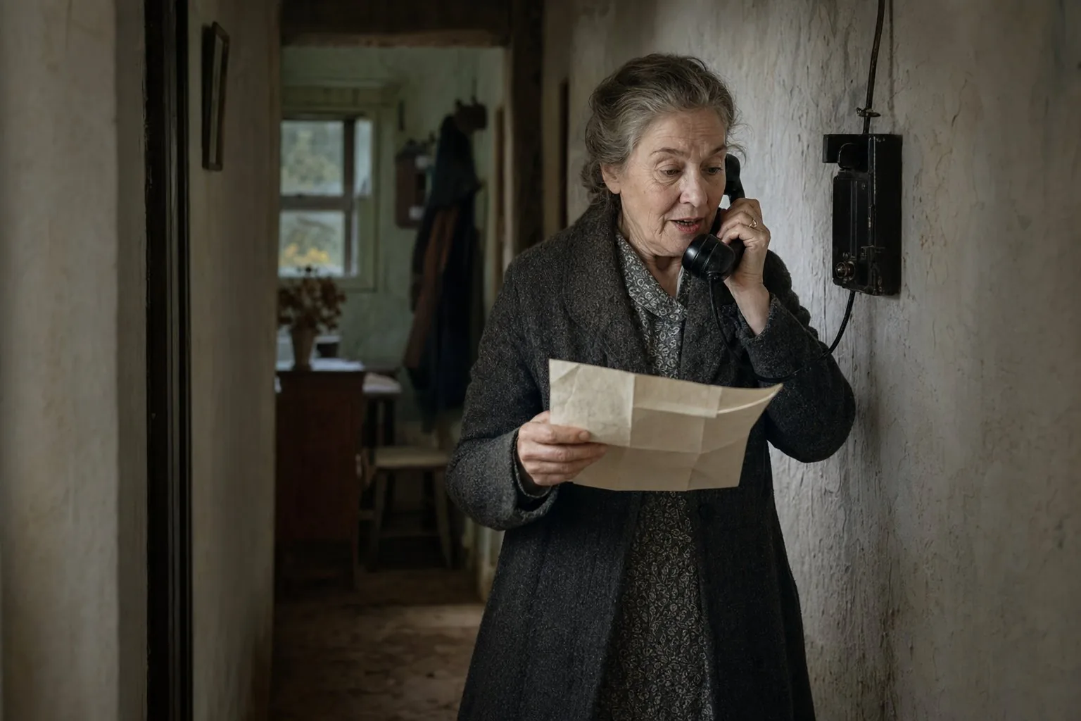 An elderly woman talking animatedly on the telephone with an open letter in her hand
