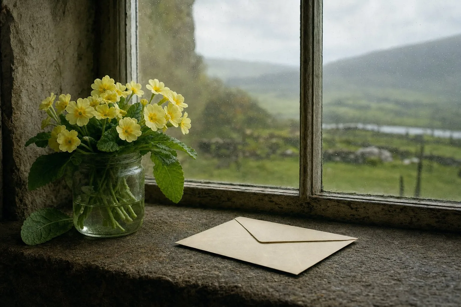 Primroses in a jam jar beside a wax-sealed envelope on a County Mayo windowsill