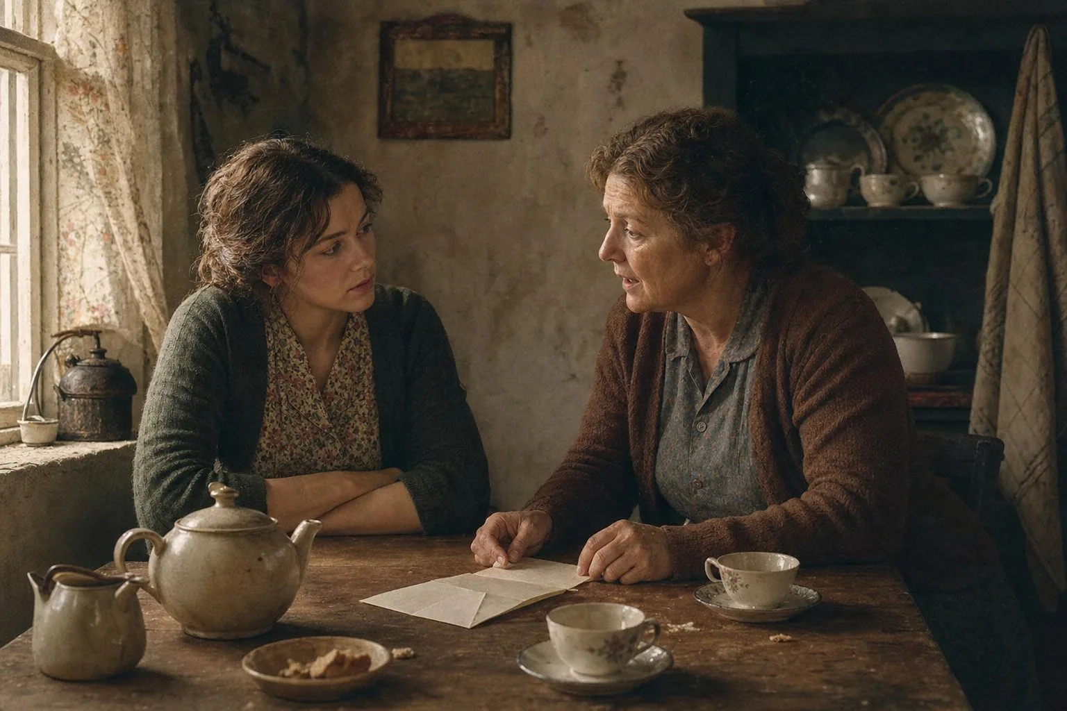 A mother and her grown daughter talking over an open letter at a kitchen table