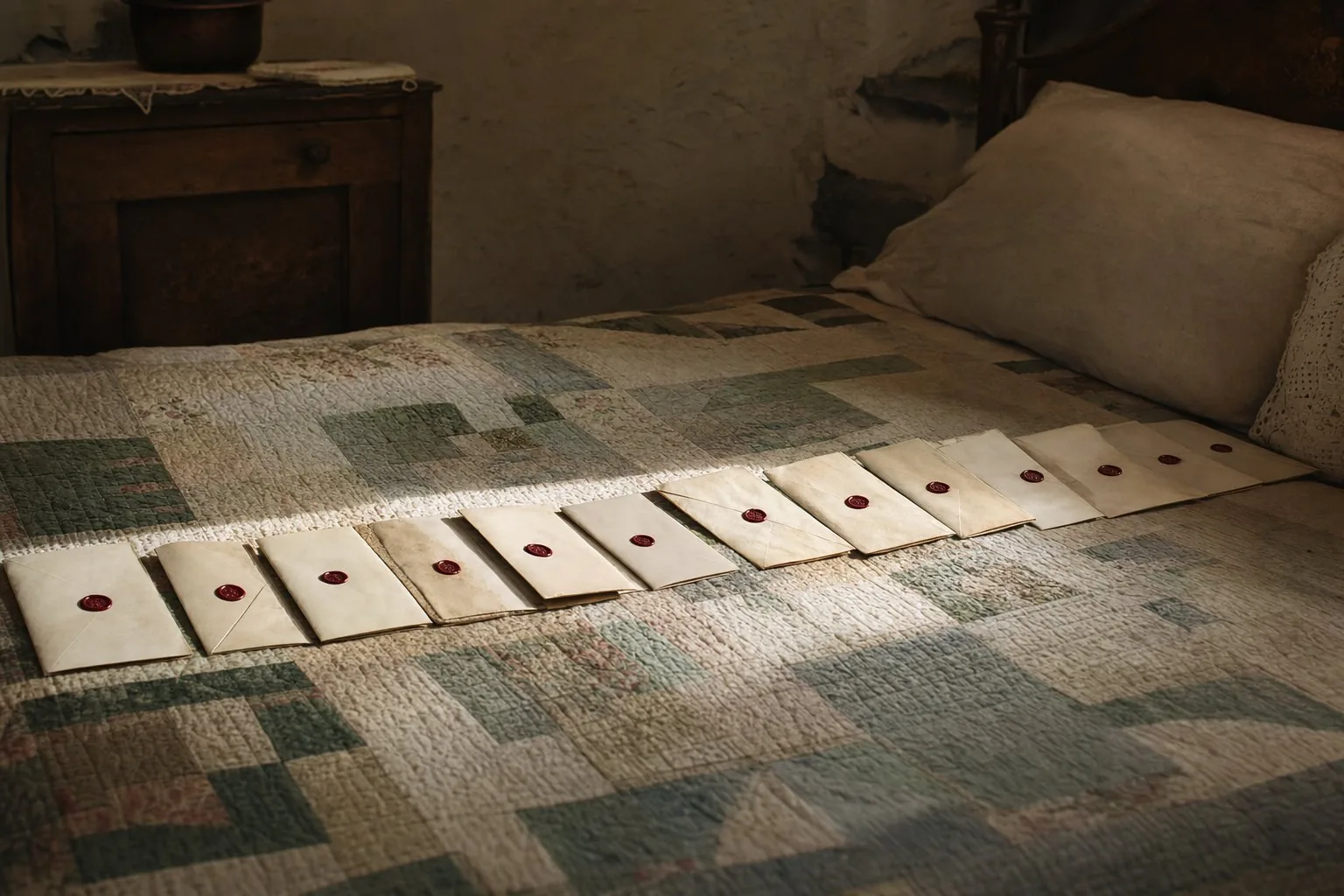 A row of cream envelopes with red wax seals laid across a bed quilt