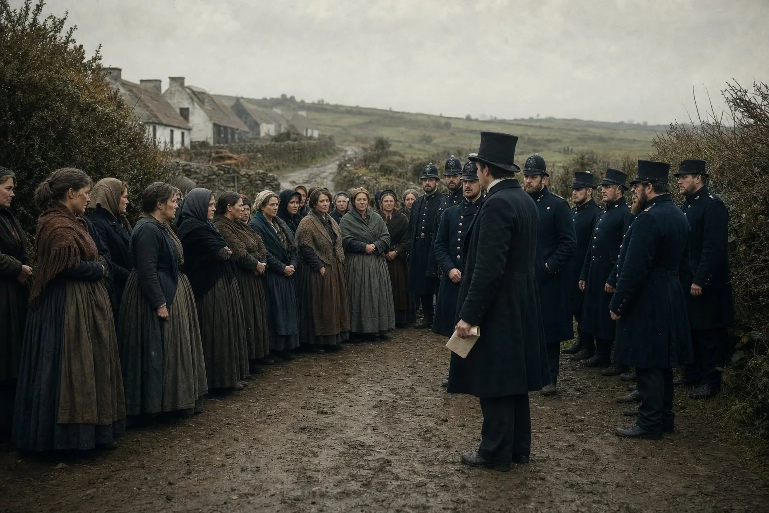 Tenant women quietly blocking a process server and seventeen constables on a Mayo boreen in September 1880