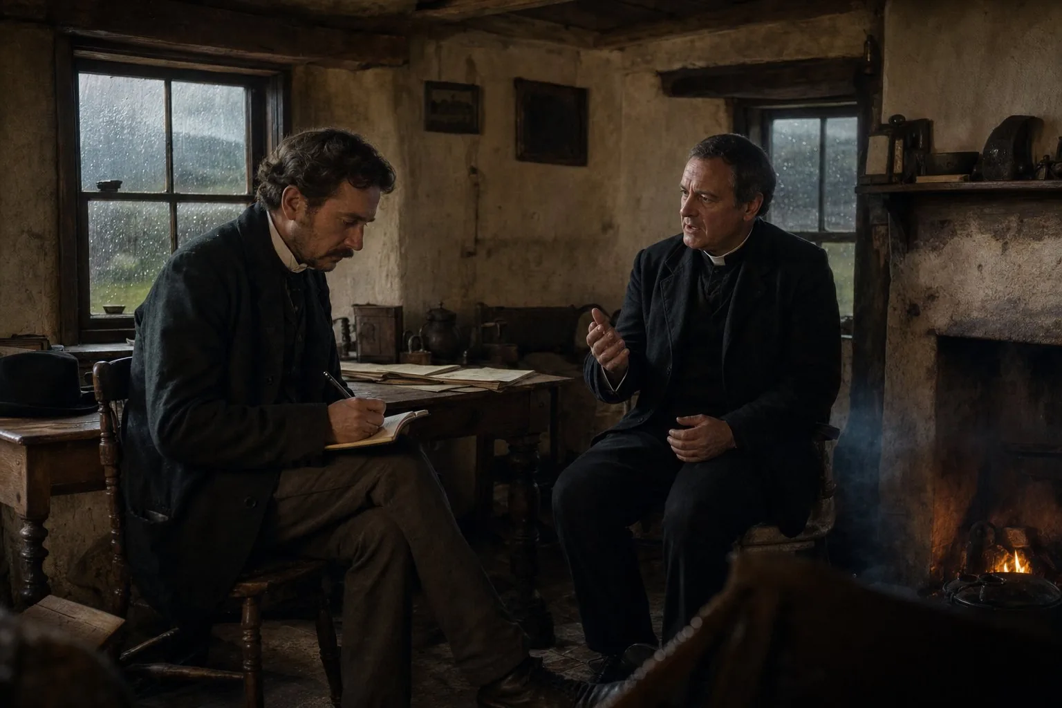 Journalist James Redpath and Father John O'Malley talking beside the fire in a Mayo parish house in 1880