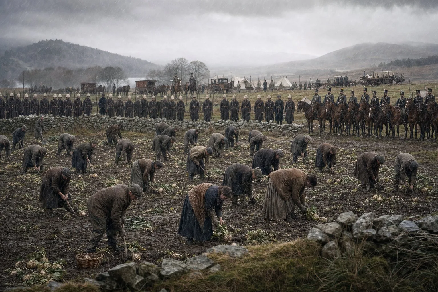 Fifty-seven labourers harvesting turnips at Lough Mask inside a vast military cordon in November 1880