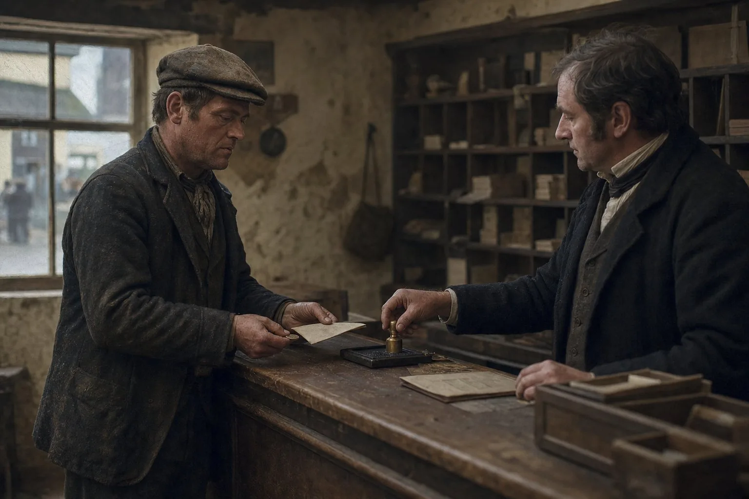 A Mayo labourer handing a folded letter to a postmaster at a small counter in 1848