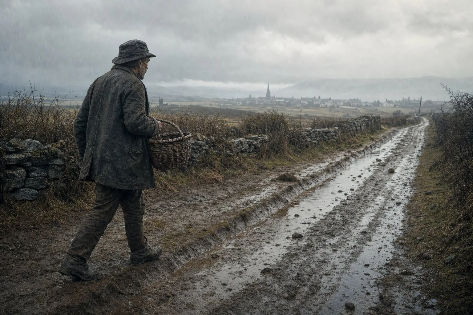 A farmer carrying a protected family letter along the wet road to Ballina in October 1847