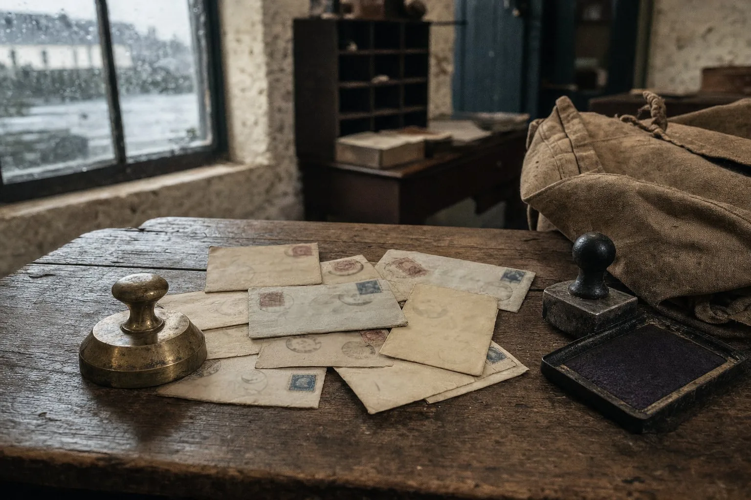 Victorian stamped envelopes, a brass hand-stamp and a canvas mailbag on a Ballina sorting desk in 1854