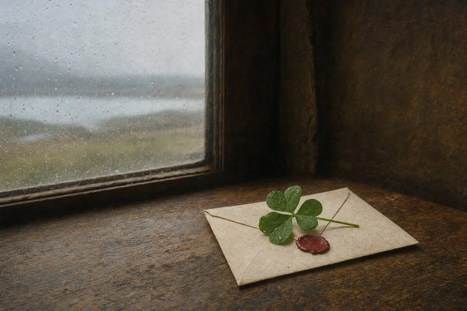 A fresh sprig of shamrock resting on a cream envelope sealed with red wax