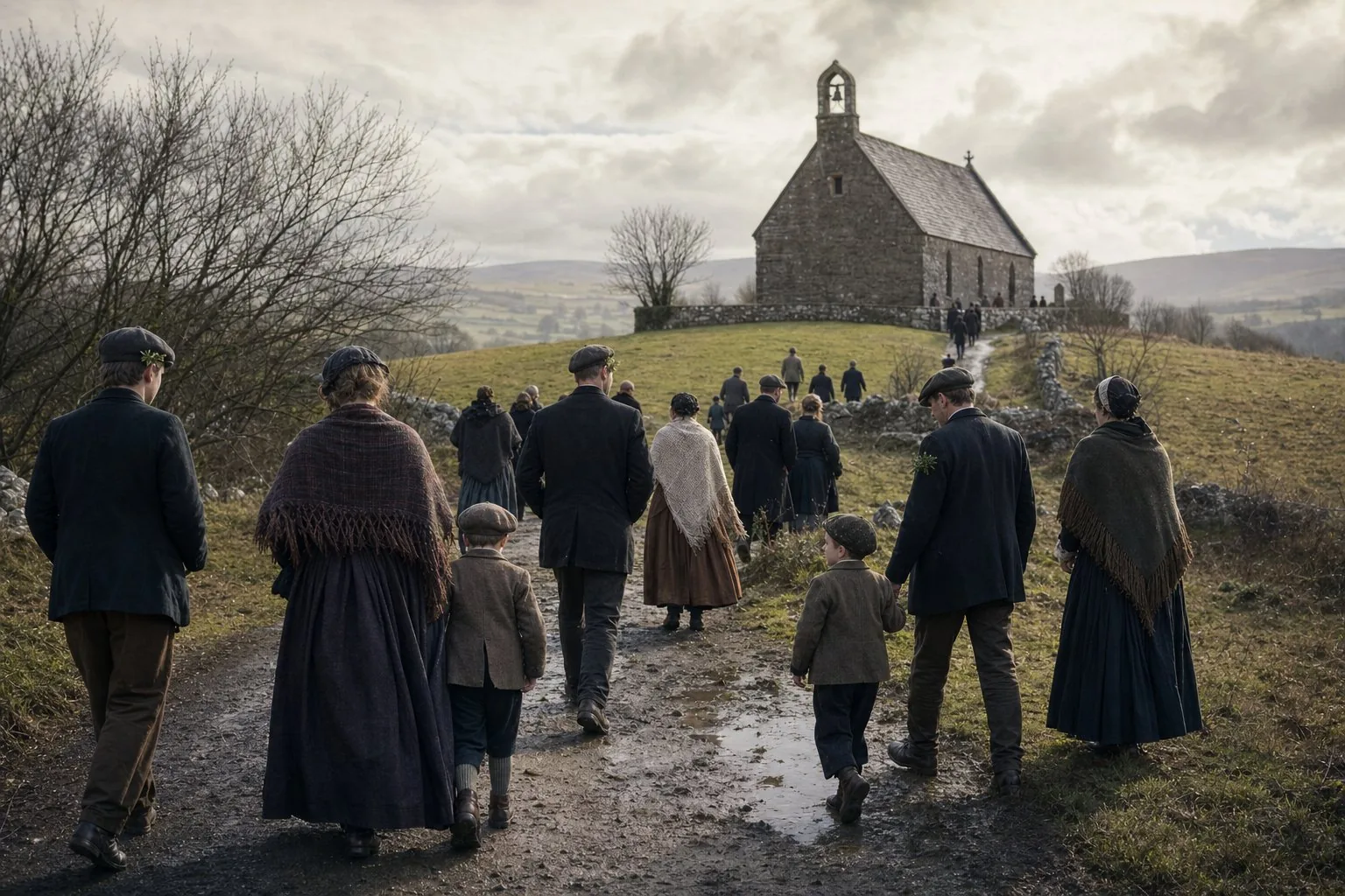 Families in Sunday clothes walking a rural Irish lane towards a stone chapel on St Patrick's Day