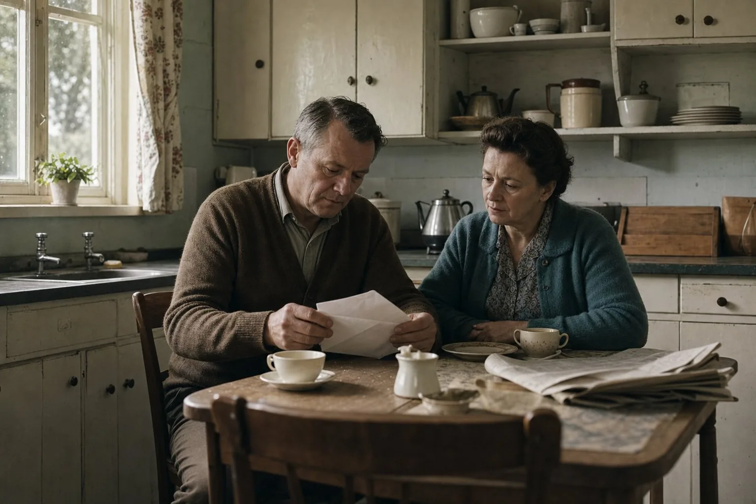 An older Irish-American couple opening an envelope together at a kitchen table