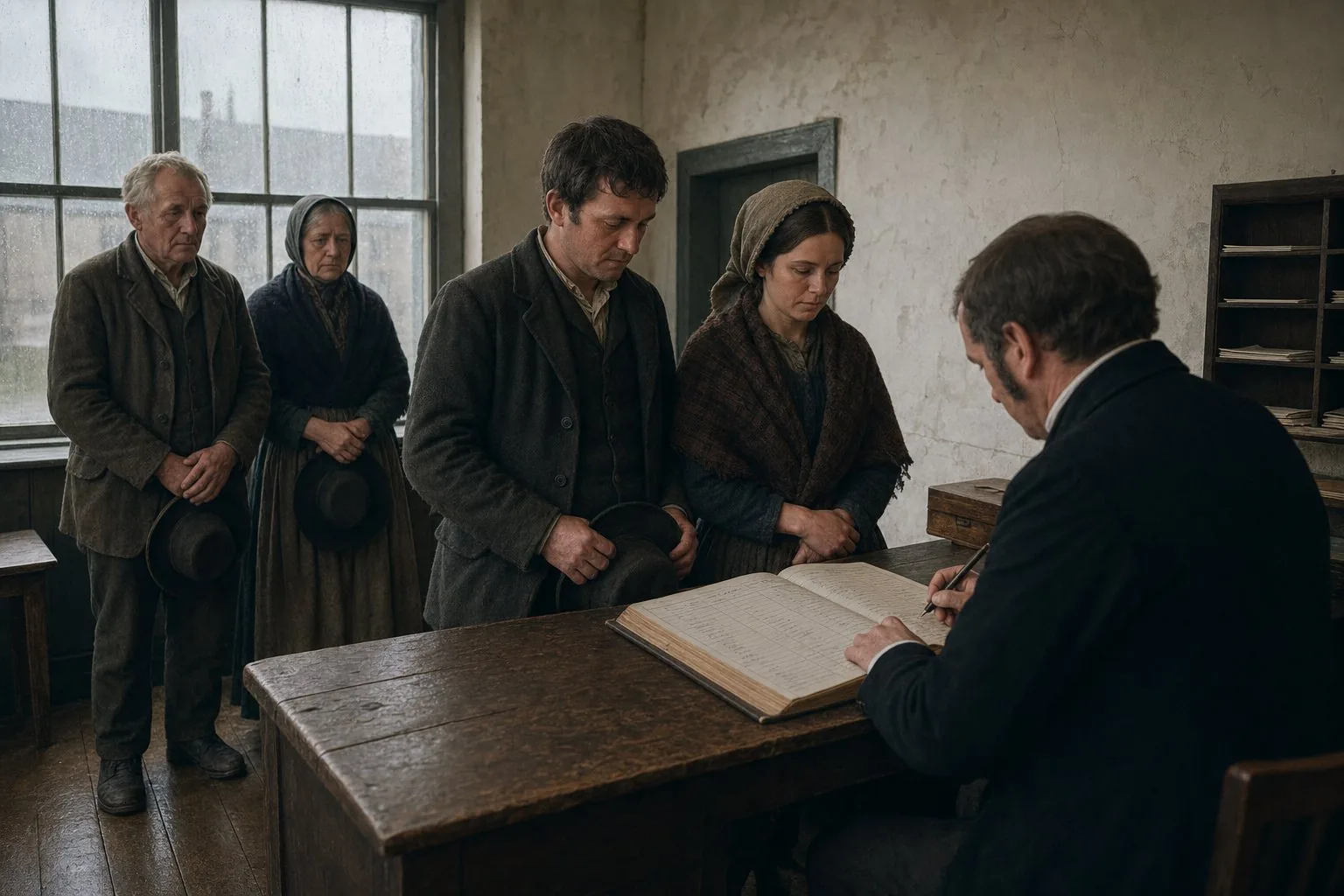 Newly married farm workers giving their details to a Dublin civil registrar in 1866