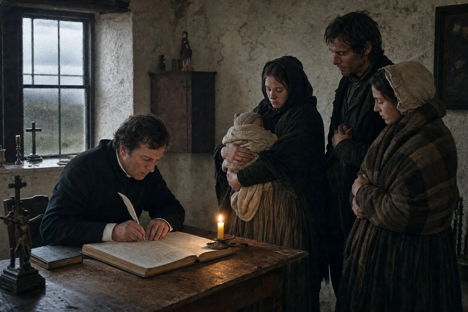 A Kerry priest recording a baptism in a parish register by candlelight in 1838