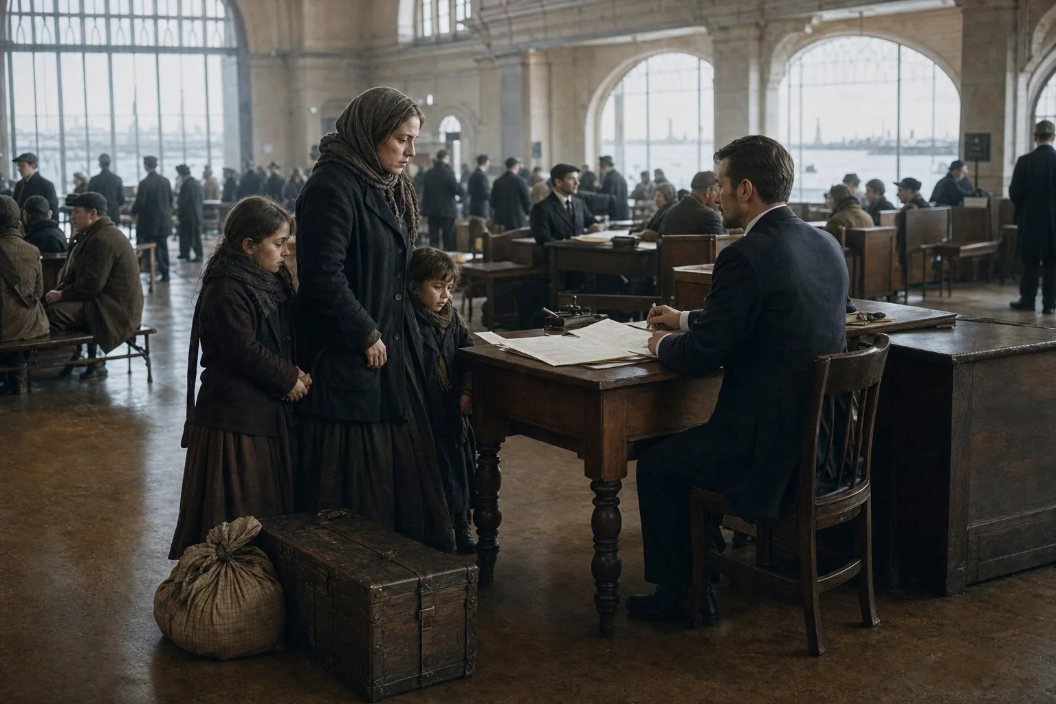 An Irish mother and two children answering a manifest inspector at Ellis Island in 1907