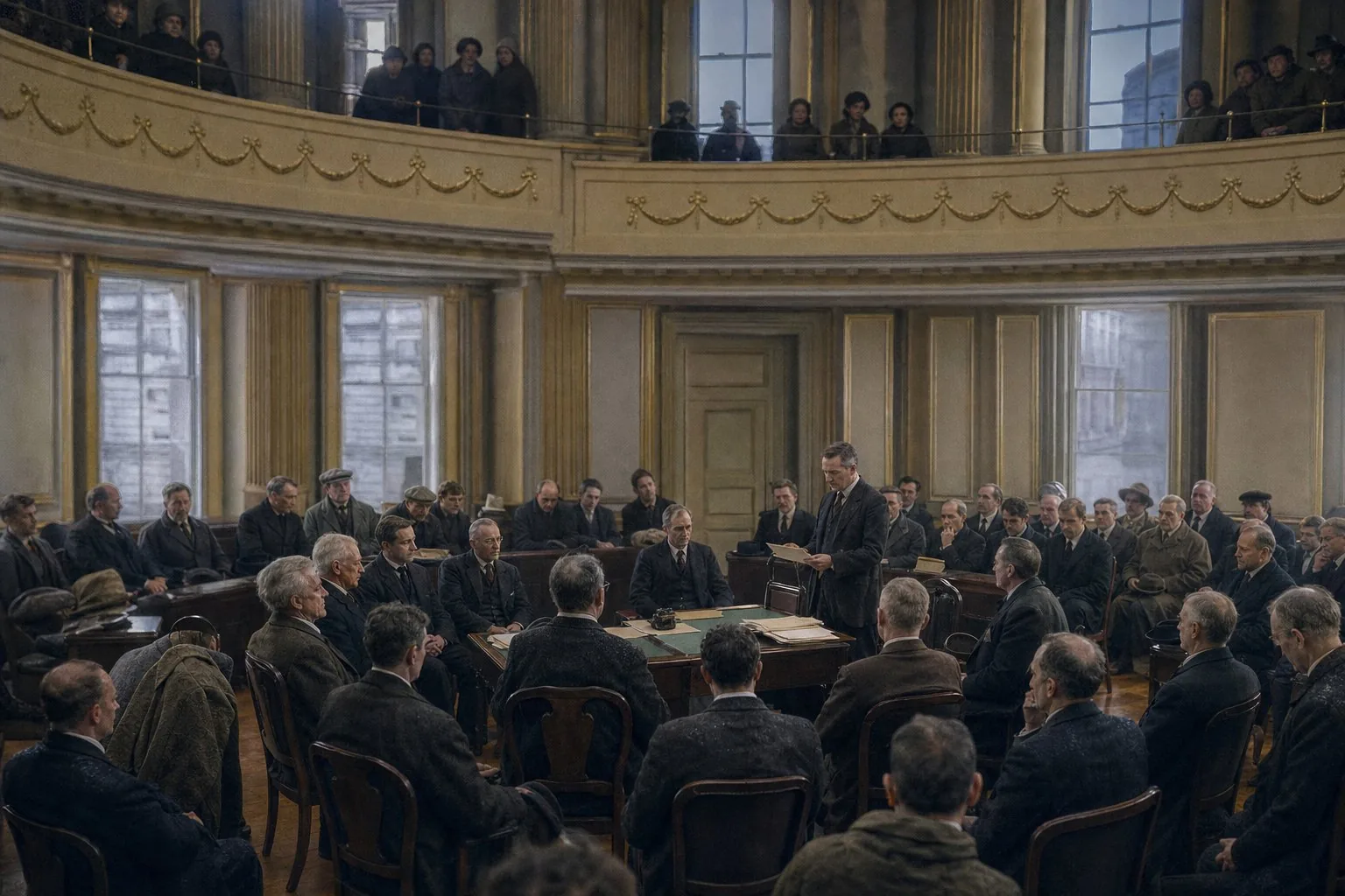 Delegates gathered in the Round Room of Dublin's Mansion House for the first Dail in January 1919