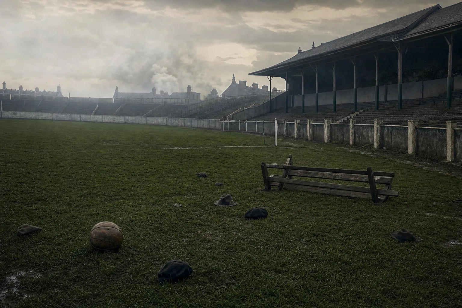 An empty Croke Park pitch with dropped hats and a football left on the wet grass after Bloody Sunday in 1920