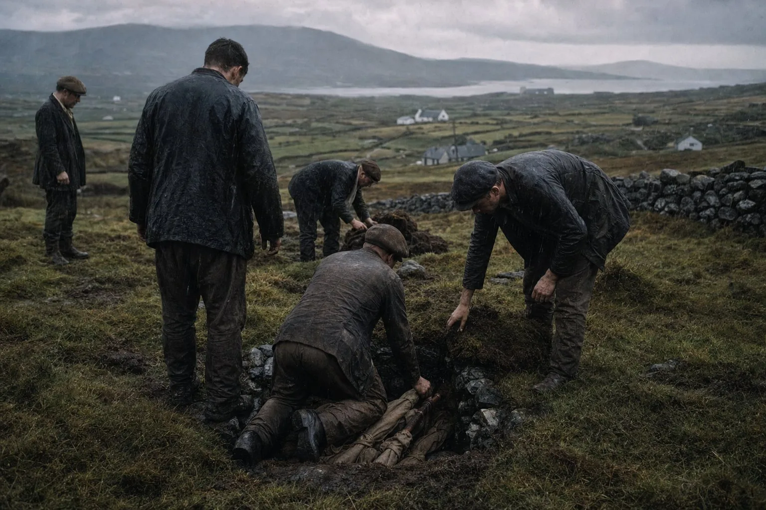 Anti-Treaty guerrillas quietly hiding wrapped rifles beneath a remote Irish hillside in May 1923