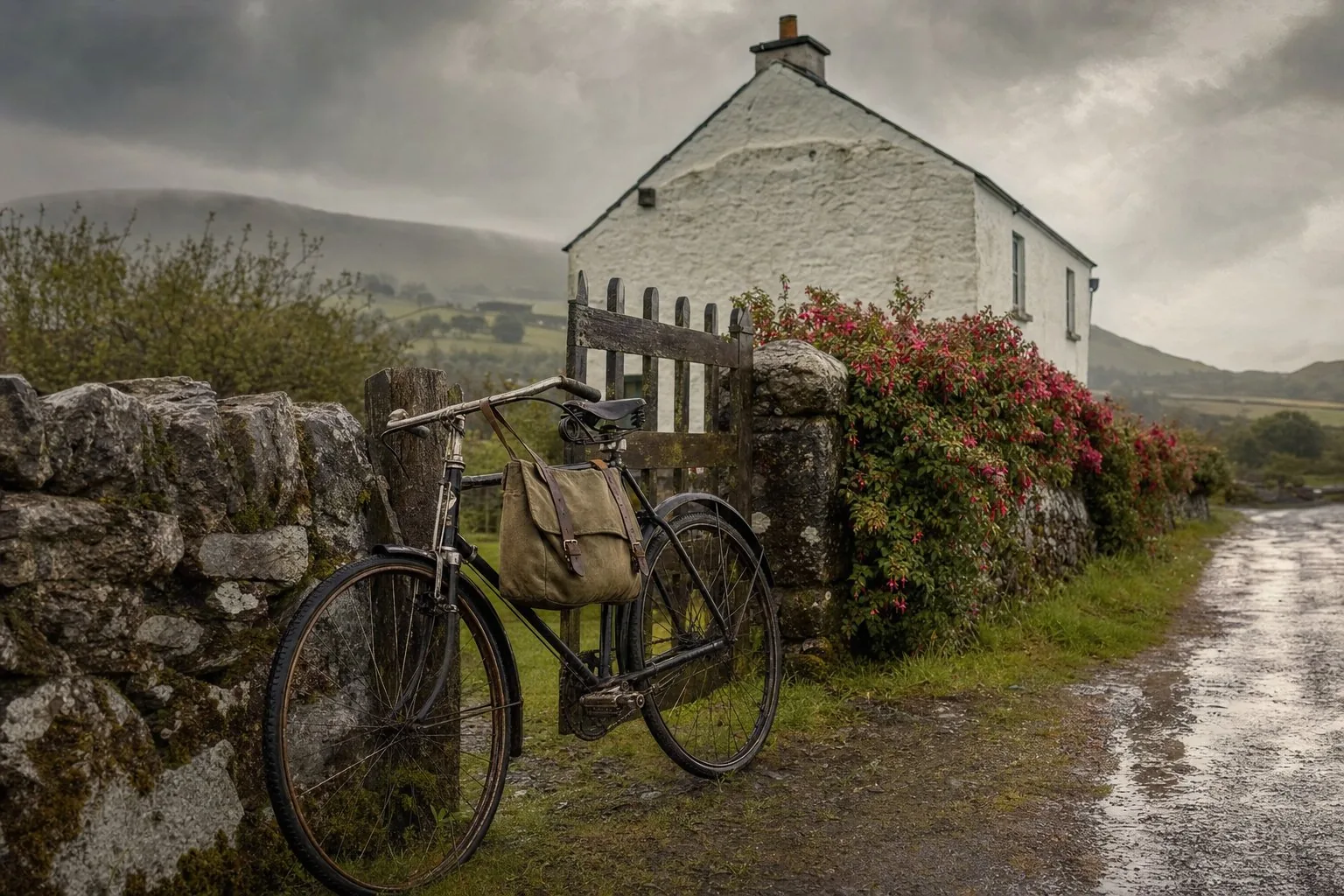 A postman's black bicycle and canvas mailbag waiting at a County Mayo cottage gate