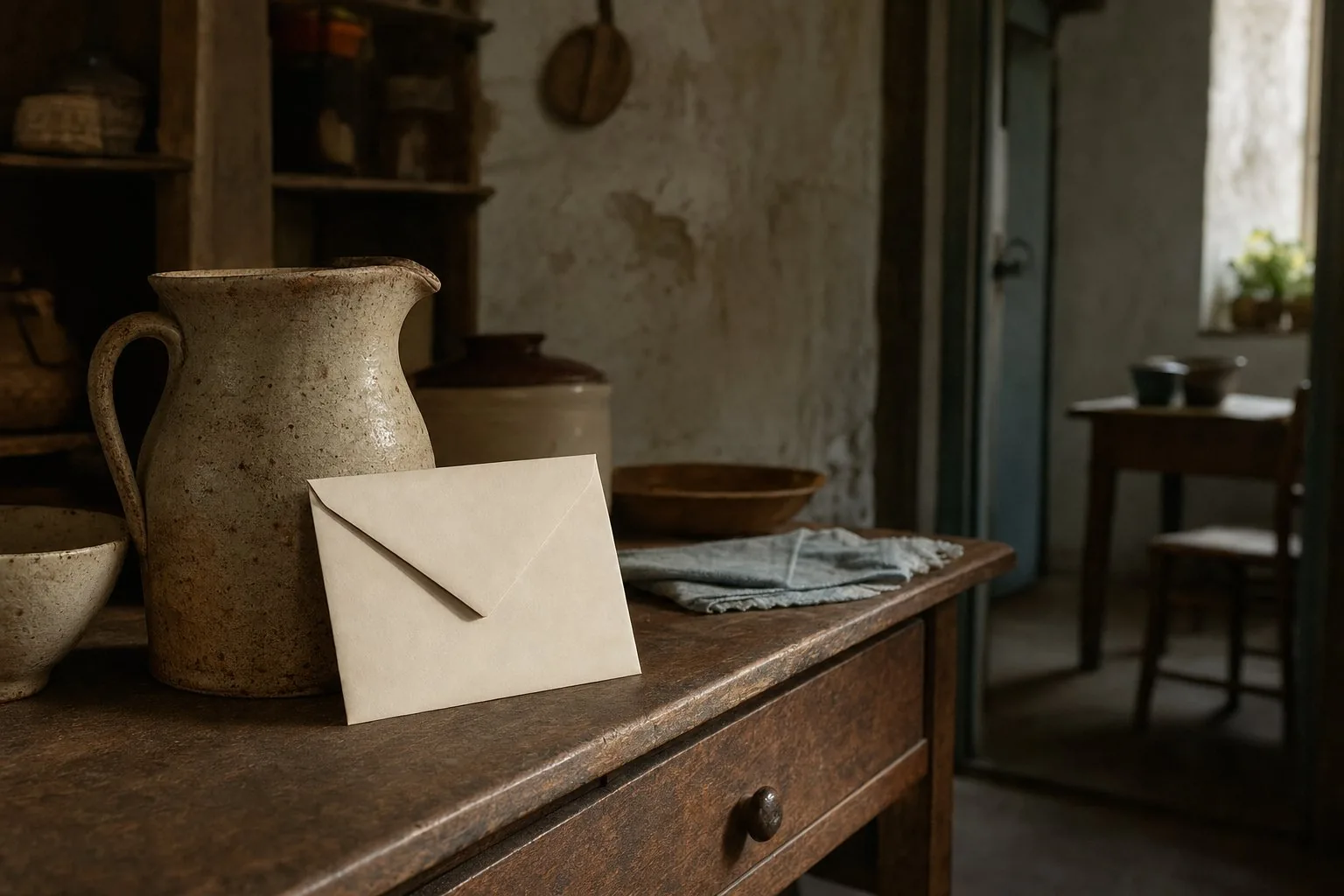 A sealed letter propped on a kitchen dresser in the last light of the day