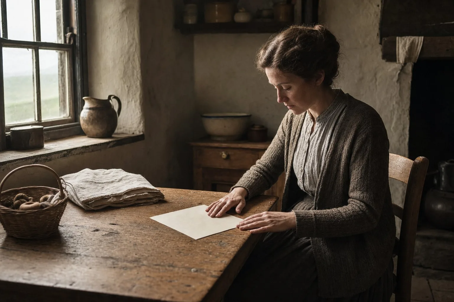 A woman sitting at a table and smoothing an open letter flat after setting her work aside