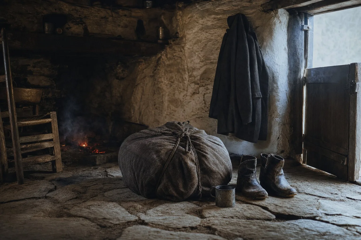 An emigrant's tied travelling bundle, worn boots and good coat waiting beside a cottage half-door before dawn in 1847