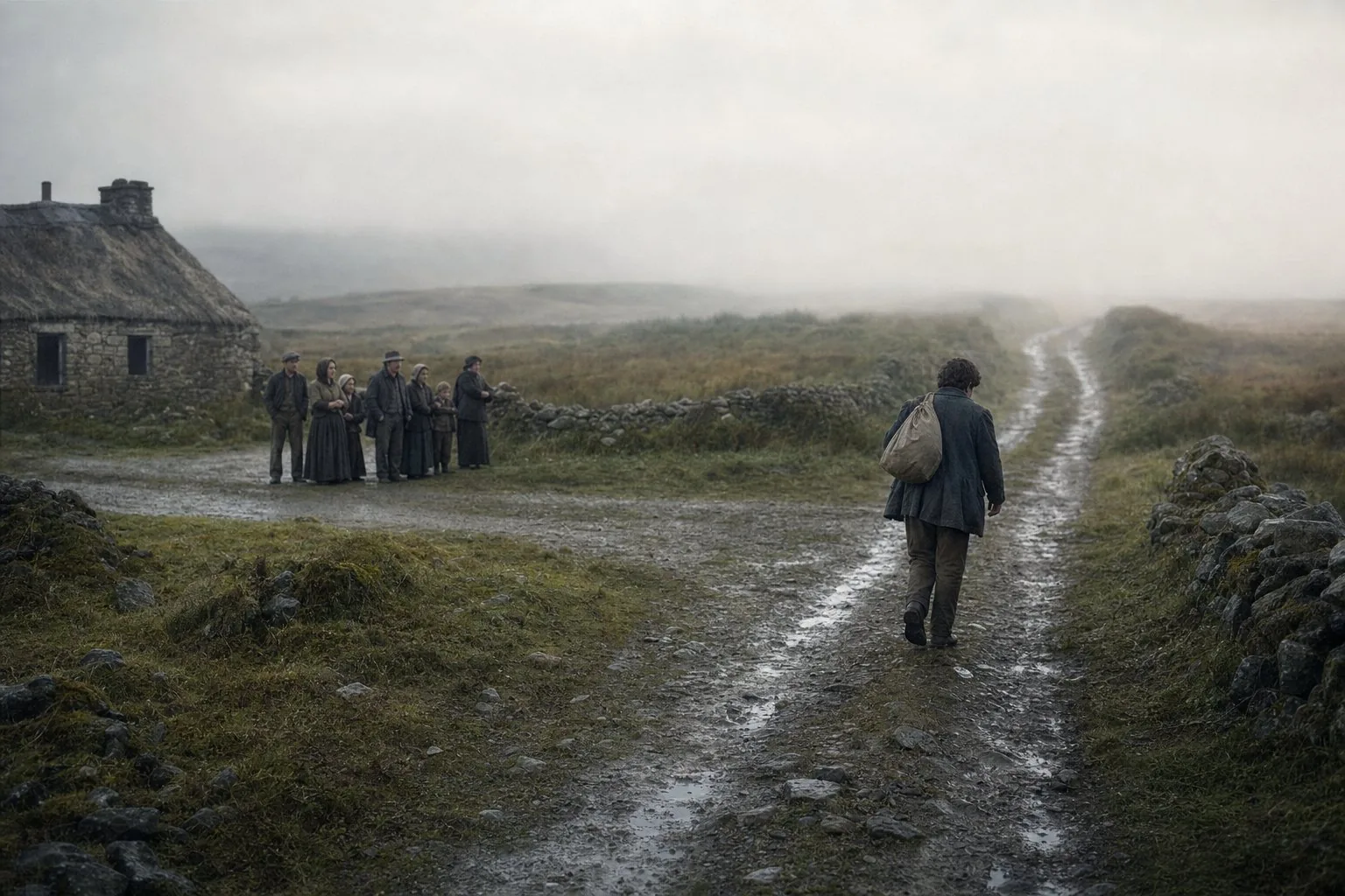 A young emigrant walking alone beyond a Mayo crossroads at first light while his family watches from the turning