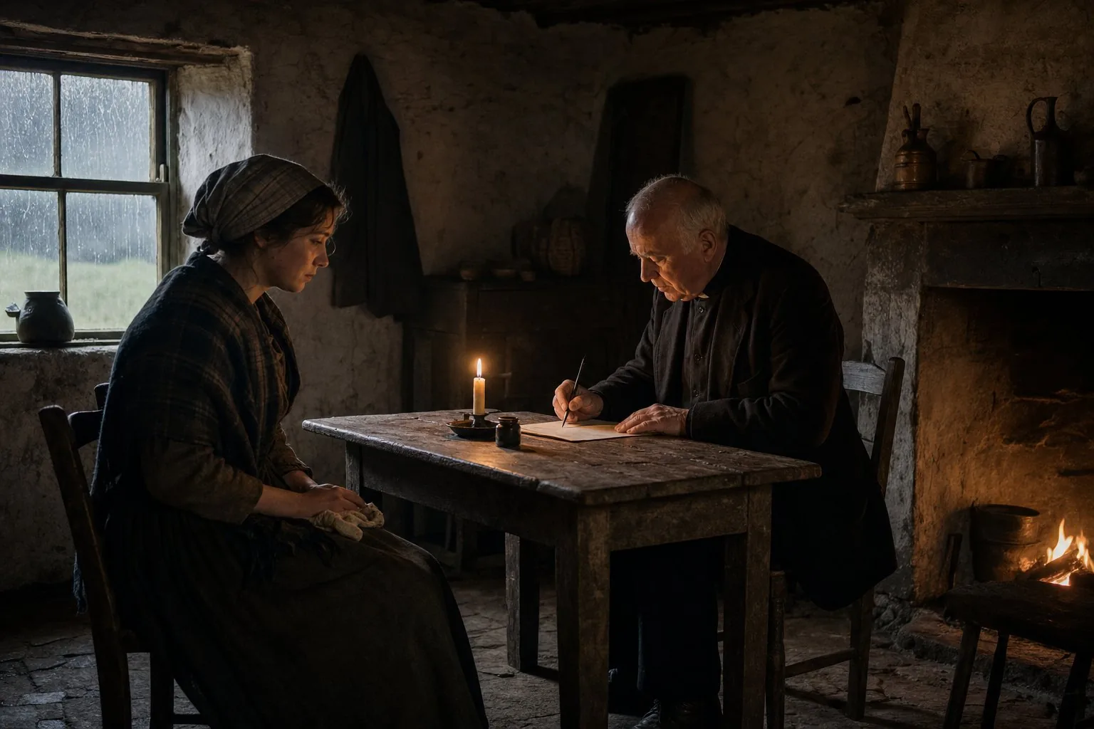 A young Mayo woman dictating a letter to an elderly priest at a plain table in November 1847