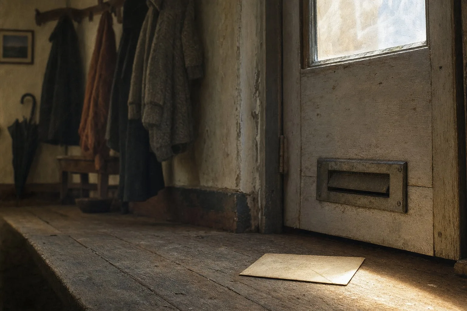 A hand-addressed envelope on a hall floor beneath a letterbox, morning light across it