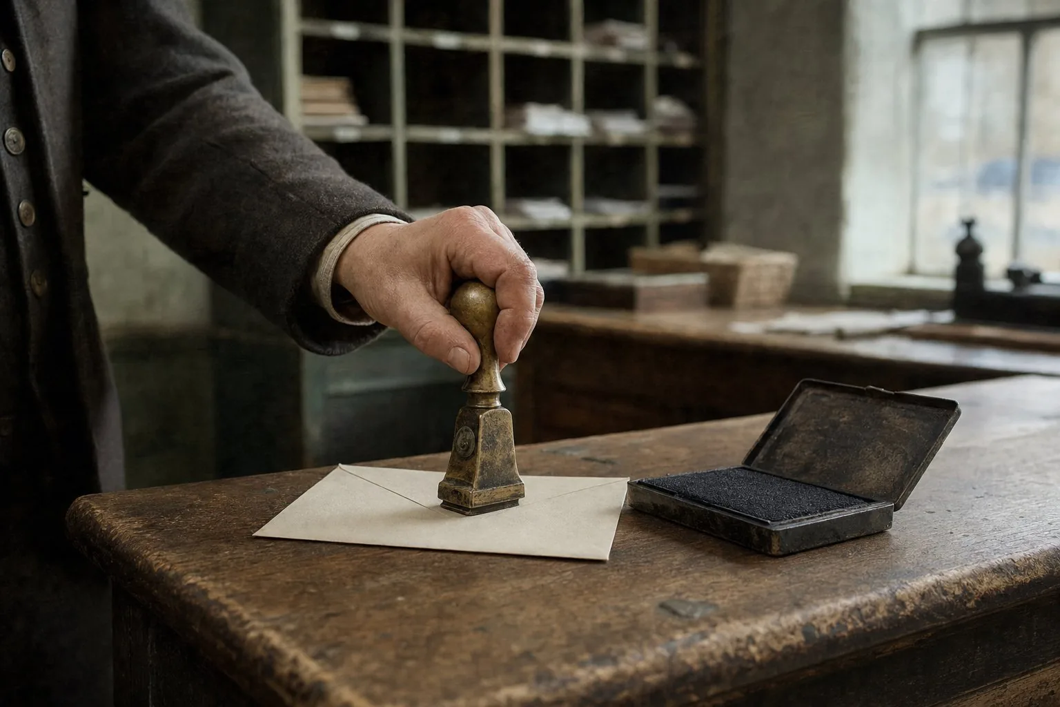 A hand cancelling a stamp with a date stamp at a small Irish post office counter