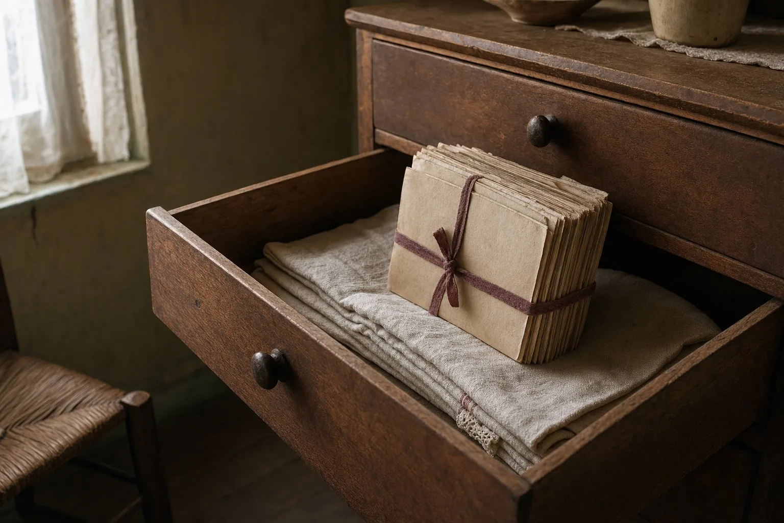 A drawer pulled open on a bundle of letters kept in order and tied with a ribbon